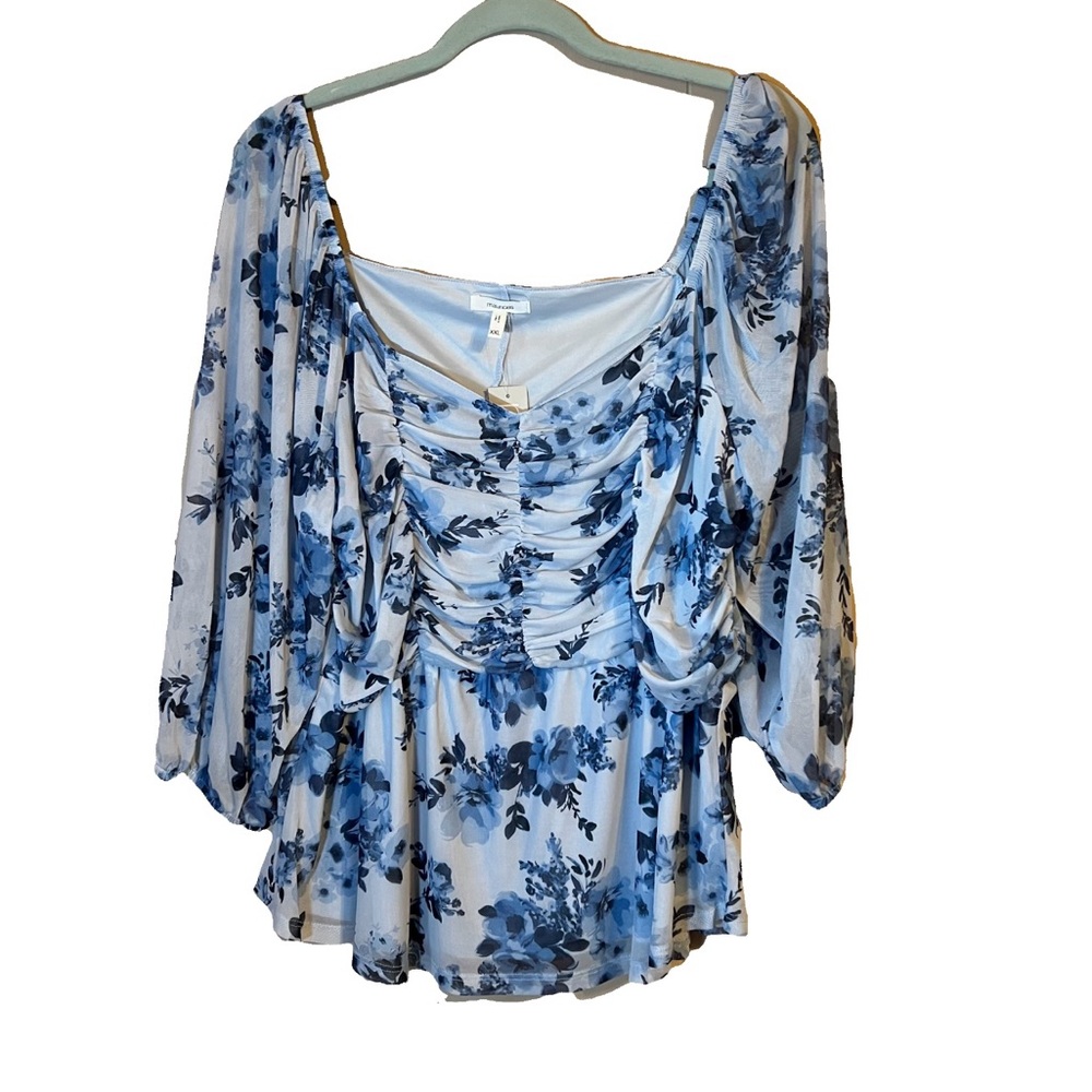 Maurice’s Blue Floral Mesh Ruched Sweetheart Top size XXL